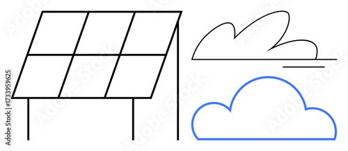 Solar panel absorbing energy beneath stylized sun and cloud outlines. Ideal for sustainability, renewable energy, climate, eco-innovation, green technology, clean power, environmental care. Simple