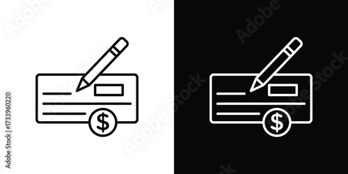 Money check icon outline pictogram isolated on white. Vector Icon shape.
