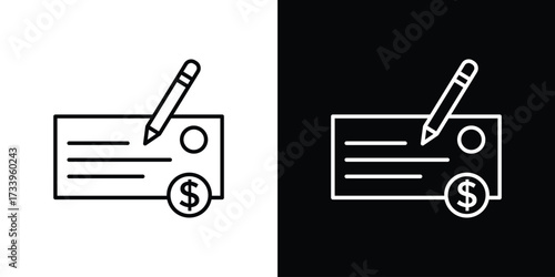 Money check icon outline pictogram isolated on white. Vector Icon shape.