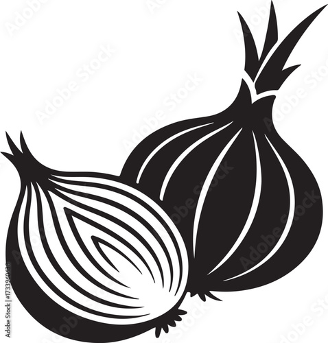 Black and white illustration of two onions, one halved