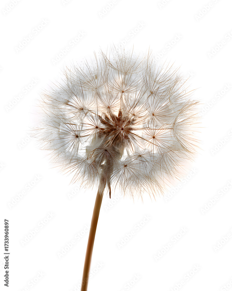 Fototapeta premium Delicate dandelion seed head with fine details, softly isolated on white background.