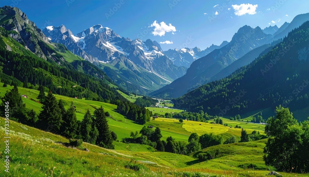 Fototapeta premium Lush Green Valley with Snow Capped Mountains Under Blue Sky and Sunlight