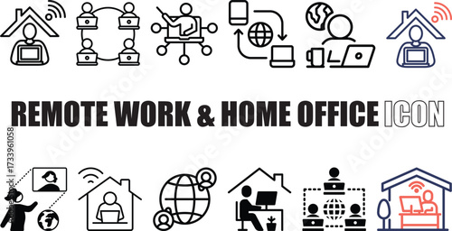 Remote Work and Home Office Icons – Work from Home, Laptop, Desk Setup icon set collection