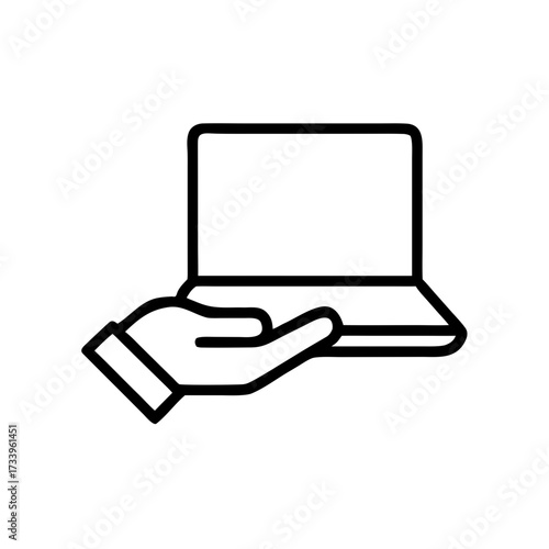 This minimalist line icon of a hand holding a laptop is ideal for websites and blogs for IT support, digital services, online education, and technology offerings.

