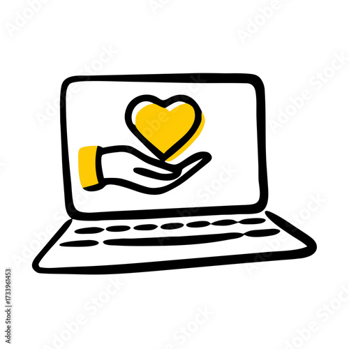 This simple doodle-style icon of a laptop displaying a hand holding a heart is ideal for websites and blogs about online charity, customer care, support, and social media likes.

