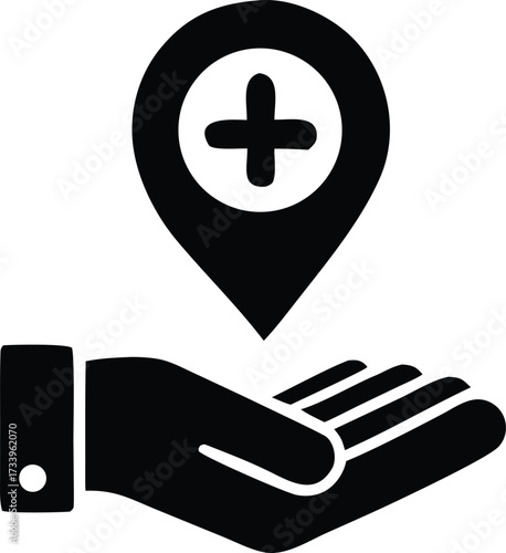 Healthcare location pin with medical cross and open hand symbol representing care and accessibility