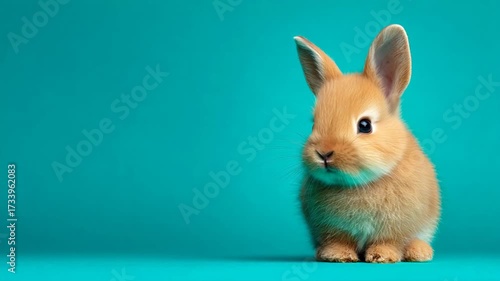 Adorable baby rabbit on vibrant blue background