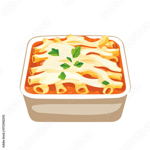 2D flat vector illustration of a Baked Ziti in icon style, isolated on white background