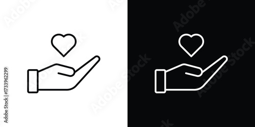 Hand holding heart icon outline pictogram isolated on white. Vector Icon shape.