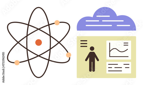 Atom model beside graphical data visualization under a cloud. Ideal for science, technology, AI, innovation, research, data analytics, knowledge transfer. Simple flat metaphor