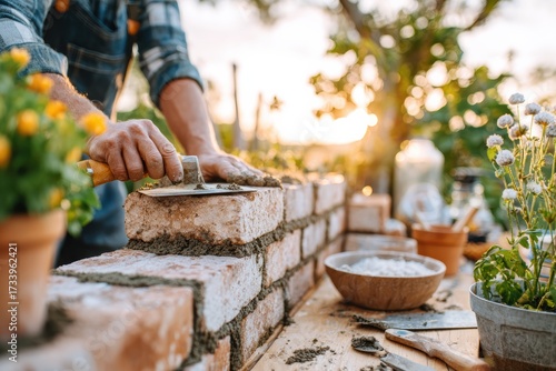 Skilled Mason Working on a Brick Wall Construction Project in a Beautiful Garden Setting with Sunset Lighting and Vibrant Flowers Surrounding the Workspace