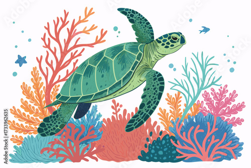 Featuring Sea Turtle Swimming With Vibrant Corals Bold Vec Dynamic High-Quality Stock Image