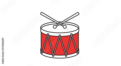 Illustration of a charming red toy drum with drumsticks against a pristine white backdrop evoking