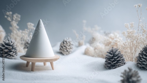 Wallpaper Mural A delicate cone-shaped object rests on a wooden stand amidst a wintry scene of dried plants and pinecones. Torontodigital.ca