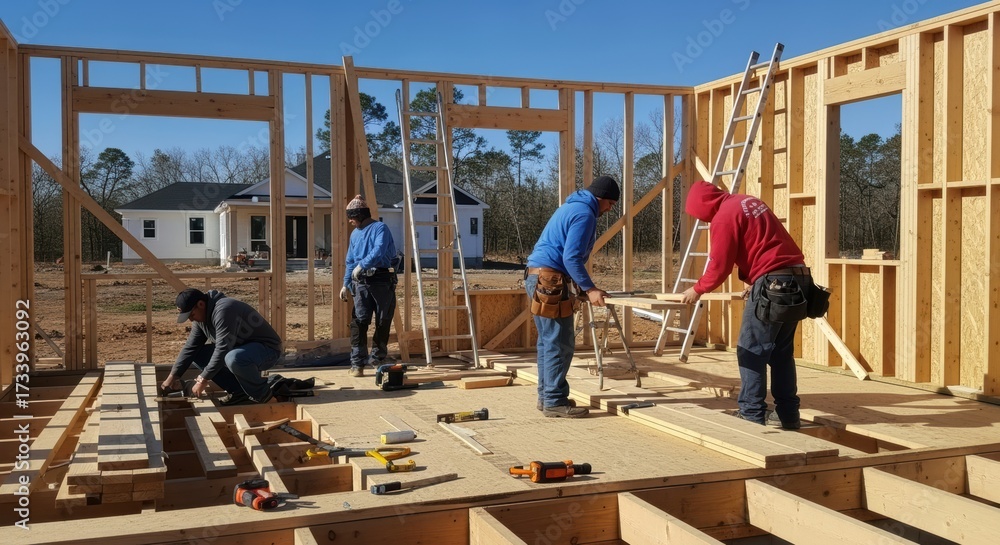 Fototapeta premium Construction workers build wooden house frame at residential development site. Team assembles timber structure using tools and equipment under clear blue sky. Completed homes visible in background.