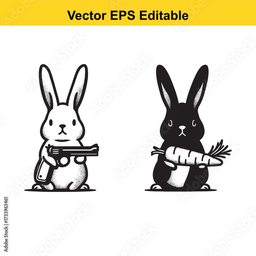 Two cartoon rabbits, one holding a gun and the other a carrot, isolated on white background