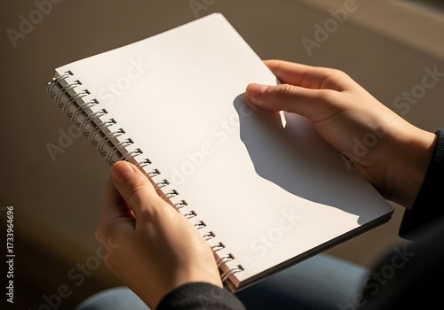 Hands holding a blank spiral notebook in natural sunlight ready for writing or drawing creative journey