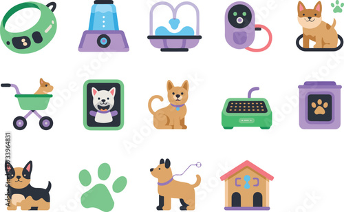 Adorable dog and pet supplies collection including food waterers collars and beds icons