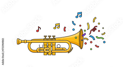 Festive trumpet illustration with colorful musical notes and confetti explosion