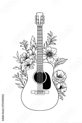 Acoustic guitar illustration with floral elements and delicate line art design