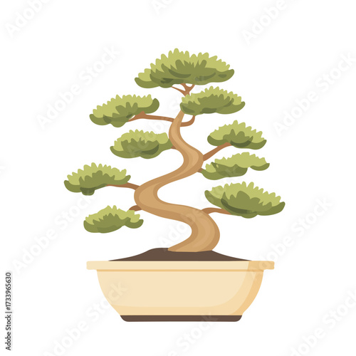 Minimal flat vector of a Cedar Bonsai, 2D icon-style illustration on white background