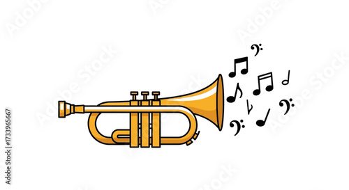 Stylized trumpet illustration with musical notes emanating from its bell for creative design