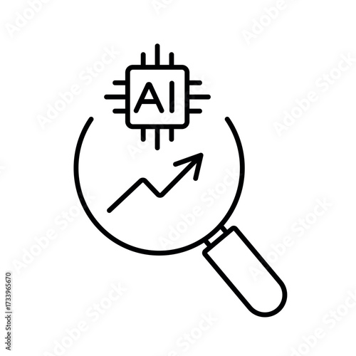 An icon of a magnifying glass over an upward graph with AI chip, symbolizing AI-driven analysis of motivation and performance trends, created in line style with editable stroke