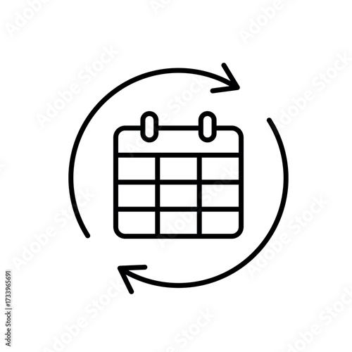 An icon of a calendar with circular arrows around it, representing automated scheduling and task rotation, created in line style with editable stroke