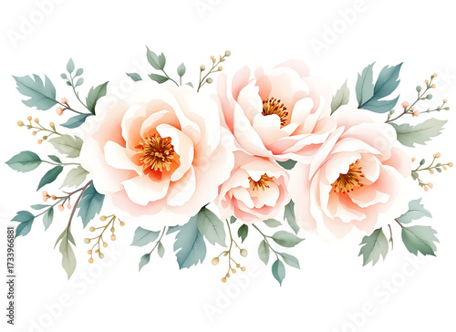 Elegant watercolor floral arrangement featuring blush pink roses and delicate green foliage Isolated on transparent background