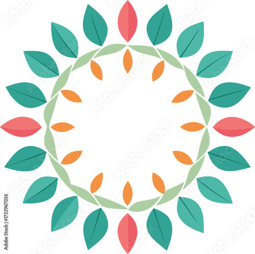 Circular floral pattern with teal, coral, and orange leaves