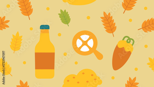 Beer bottle with pretzel oak leaves and lemon illustration