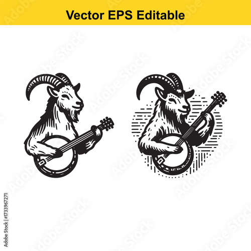 Goat playing banjo, isolated on white background