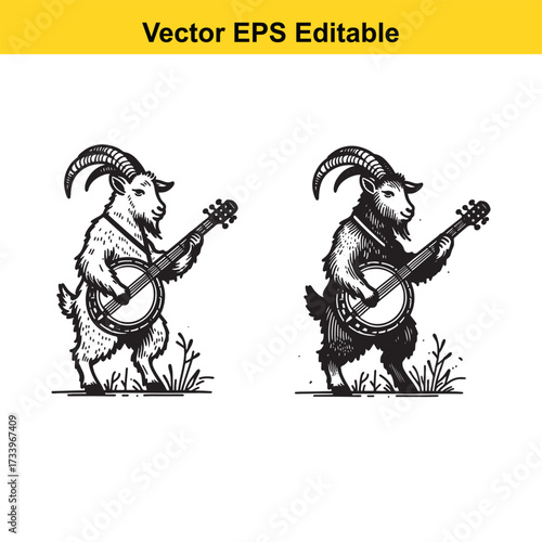 Two cartoon goats playing banjo isolated on white background