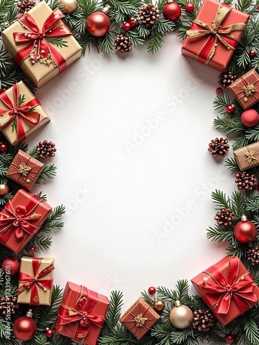 クリスマス, クリスマスイブ, お祝い, プレゼント, ギフト, ギフトカード, メッセージカード, サンタ, 贈り物, デコレーション, おめでとう, 松, 中央は空白, モミ, フレーム, カード, 赤, 装飾品, 季節, 冬, りぼん, 縁飾り, 縁取り, 恋人たち, 装飾物, 年末, 休日