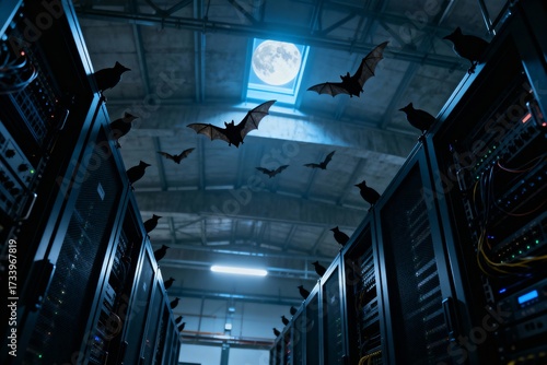 Dark Server Room with Bats Flying Past Full Moon Skylight for Cybersecurity Horror Tech