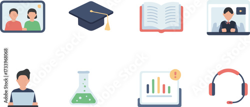 Collection of education and technology icons depicting online learning and science concepts
