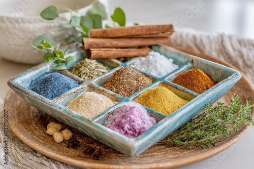 Vibrant Display of Colorful Spices and Herbs in Decorative Ceramic Bowl Capturing the Essence of Culinary Art and Home Cooking
