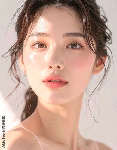 日本人, 超リアル, 美しい若い女性, 長い黒髪, 自然なメイク, 白いキャミソール, 肌が輝くクローズアップ, 柔らかなライティング, 美容広告風, スタジオ背景（白）, 高解像度 Japanese, ultra-realistic, beautiful young woman, long black hair, natural makeup