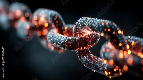Dynamic glowing chain for blockchain technology and secure networks, a modern representation of strength, connection and digital innovation with a black background