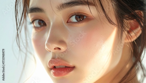 日本人, 超リアル, 美しい若い女性, 長い黒髪, 自然なメイク, 白いキャミソール, 肌が輝くクローズアップ, 柔らかなライティング, 美容広告風, スタジオ背景（白）, 高解像度 Japanese, ultra-realistic, beautiful young woman, long black hair, natural makeup