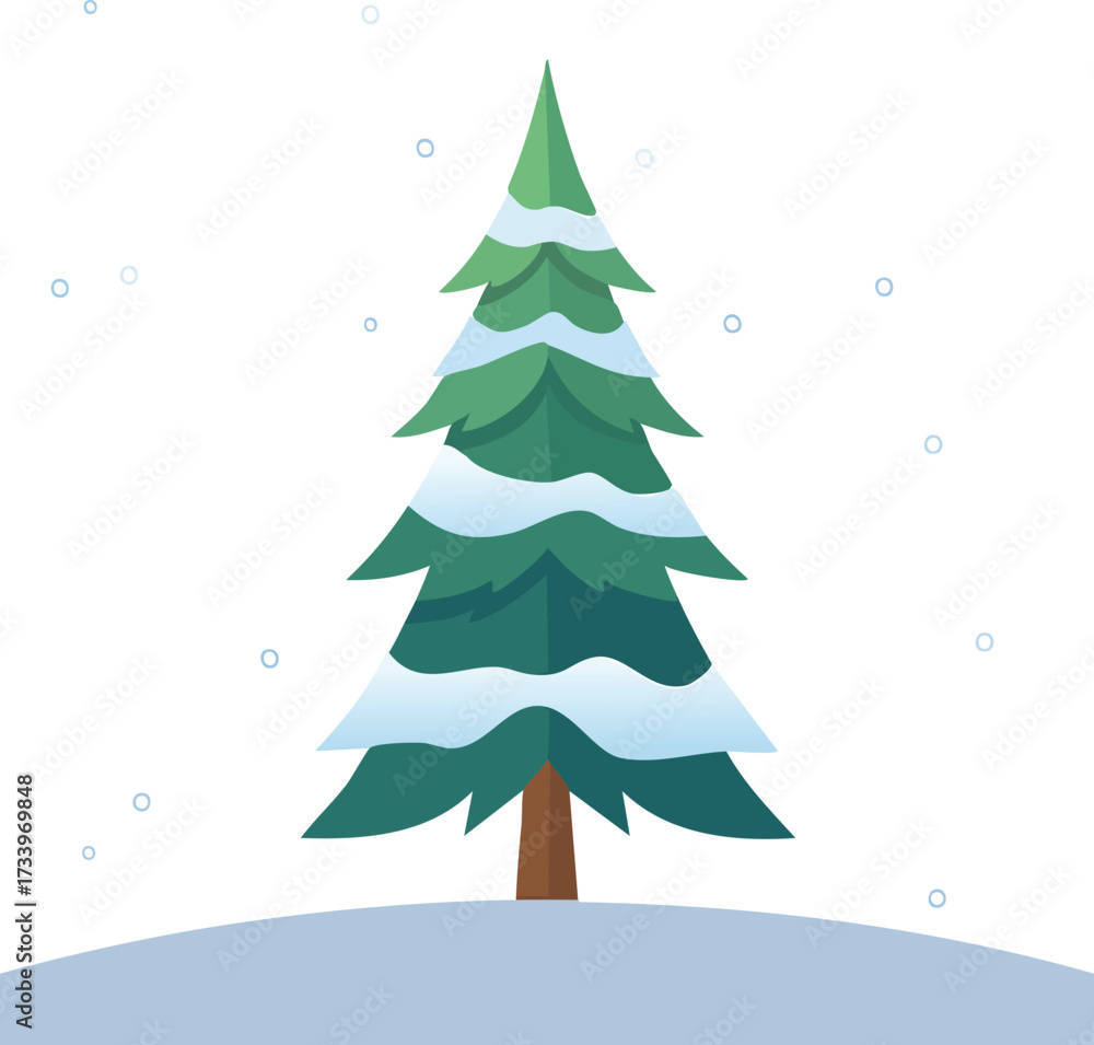 Fototapeta premium A simple, modern illustration of a pine or fir tree covered in snow. An isolated vector for winter and Christmas themes. Generative AI