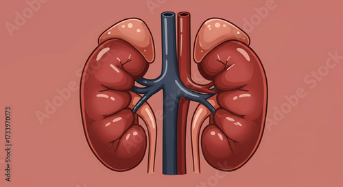 Anatomical illustration of two human kidneys, showing blood vessels and associated structures.