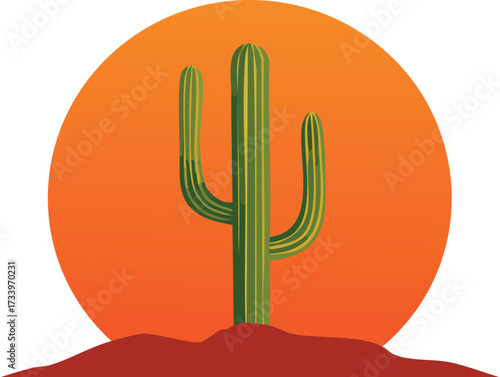 The silhouette of a saguaro cactus against a large, orange setting sun. A simple, modern vector icon for desert and western themes. Generative AI