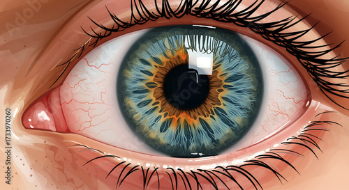 Close-up digital painting of a human eye with a blue iris and brown center, showing detail of the eyelashes and surrounding skin.