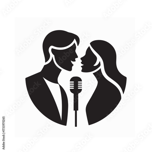 Couple Singing Karaoke Together with Microphone Silhouette Vector Logo