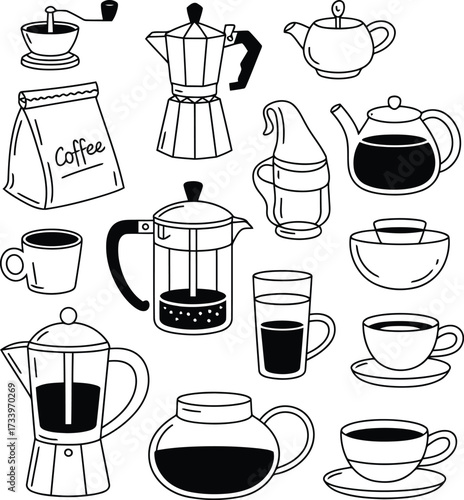 Hand-drawn vintage coffee and tea collection, perfect for menu designs, cafe promotions, and stylish kitchen decor projects, providing a cozy, artisanal feel