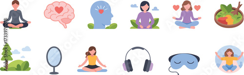 Collection of healthy lifestyle icons representing wellbeing and mindfulness in a vector illustration