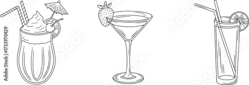 Line art of tasty summer cocktails, perfect for designing menus and invitations, conveying a fresh and vibrant feel with a touch of elegance