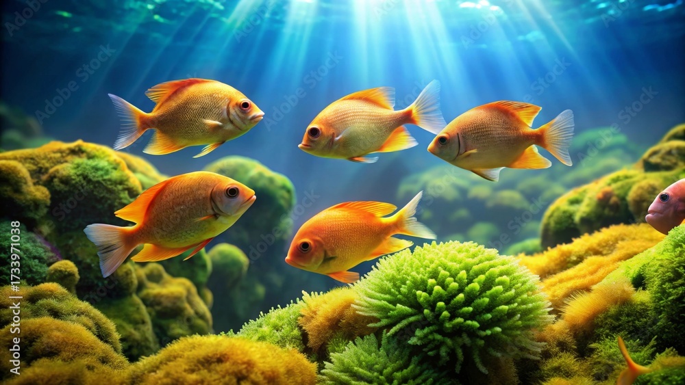Fototapeta premium Vibrant orange fish swim amidst lush underwater greenery, bathed in sunlight filtering through the water's surface.