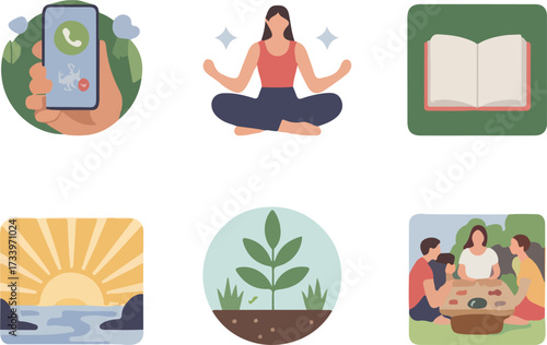 Collection of icons representing wellness nature communication and socializing in simple designs